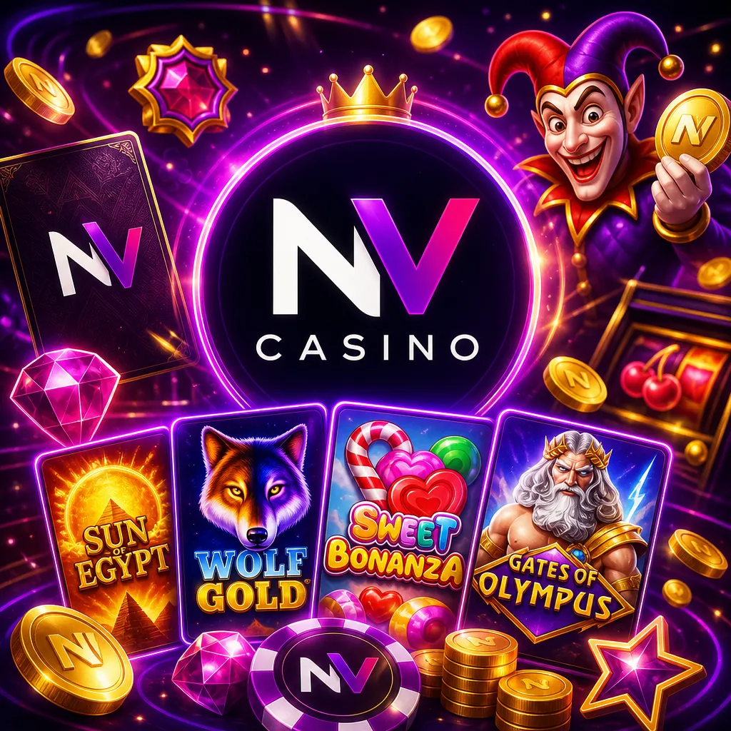Square promo image for NV Casino featuring official logo, purple-magenta neon and gold accents with slot card visuals.